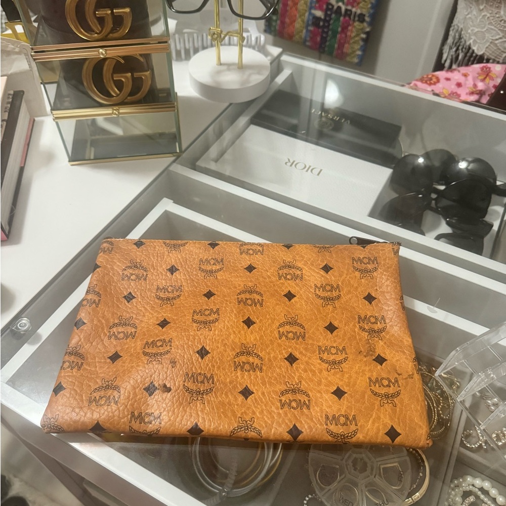 MCM Tan Visetos Logo Pouch